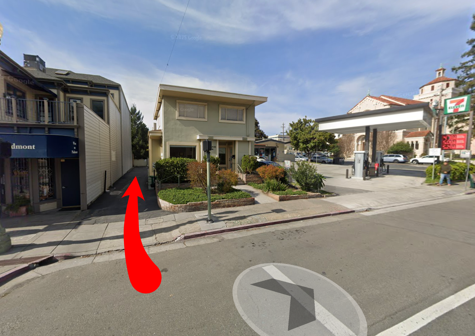 Street view showing entrance to parking lot